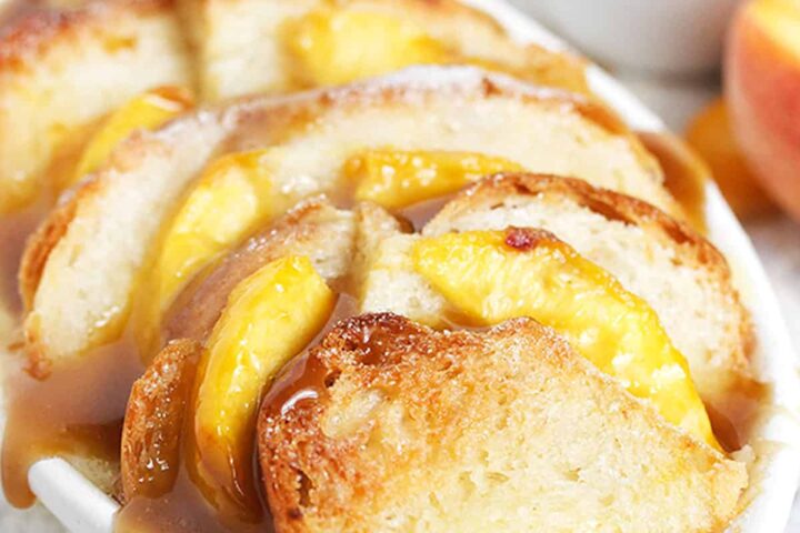 peach bread pudding in dish