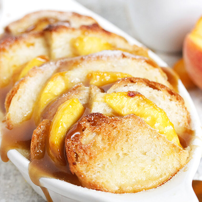 Peach Bread Pudding with a Warm Brown Sugar Sauce