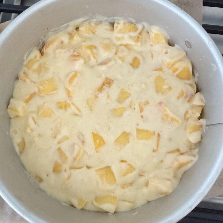 Peaches and cream cake batter spread into a springform pan.