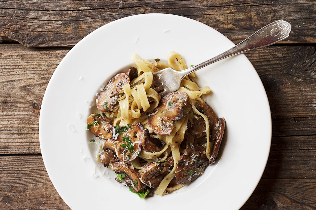 Pasta With Mushrooms In A Creamy Mustard Sauce