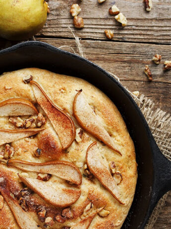 pear and walnut focaccia in cast iron skillet