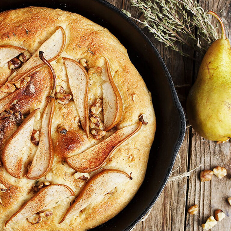 pear and walnut focaccia in cast iron skillet
