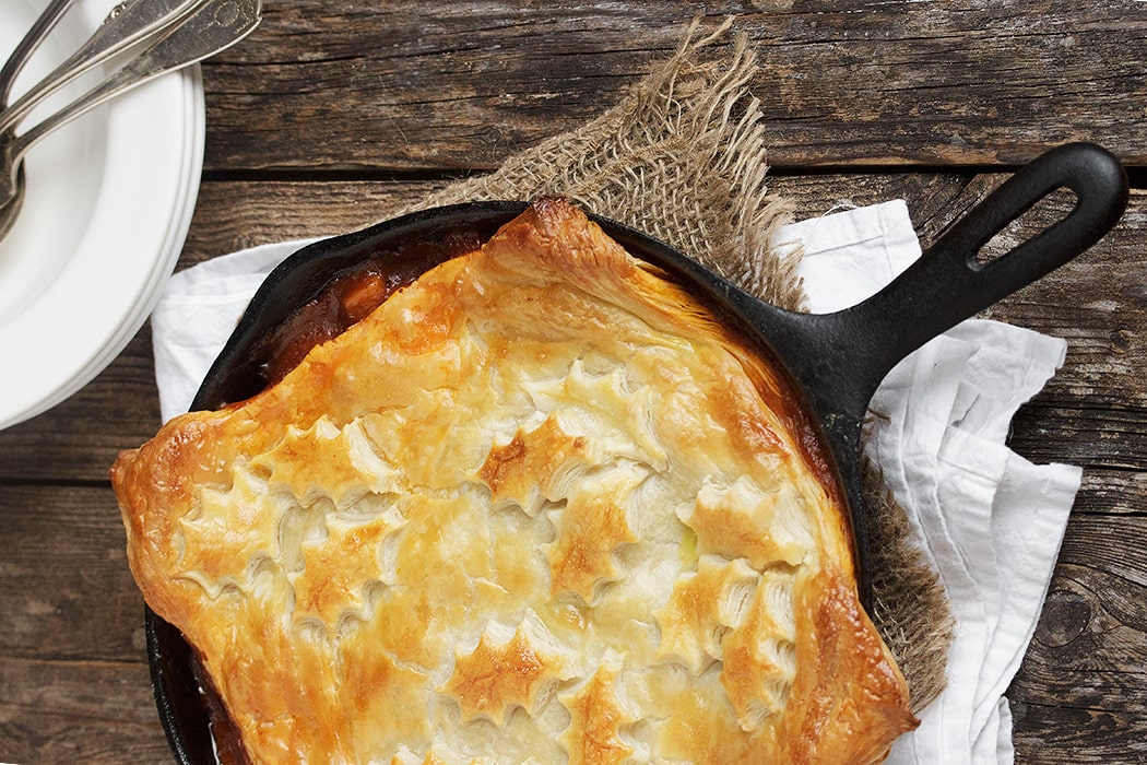 Skillet Beer-Braised Beef and Vegetable Pot Pie with Puff Pastry Topping