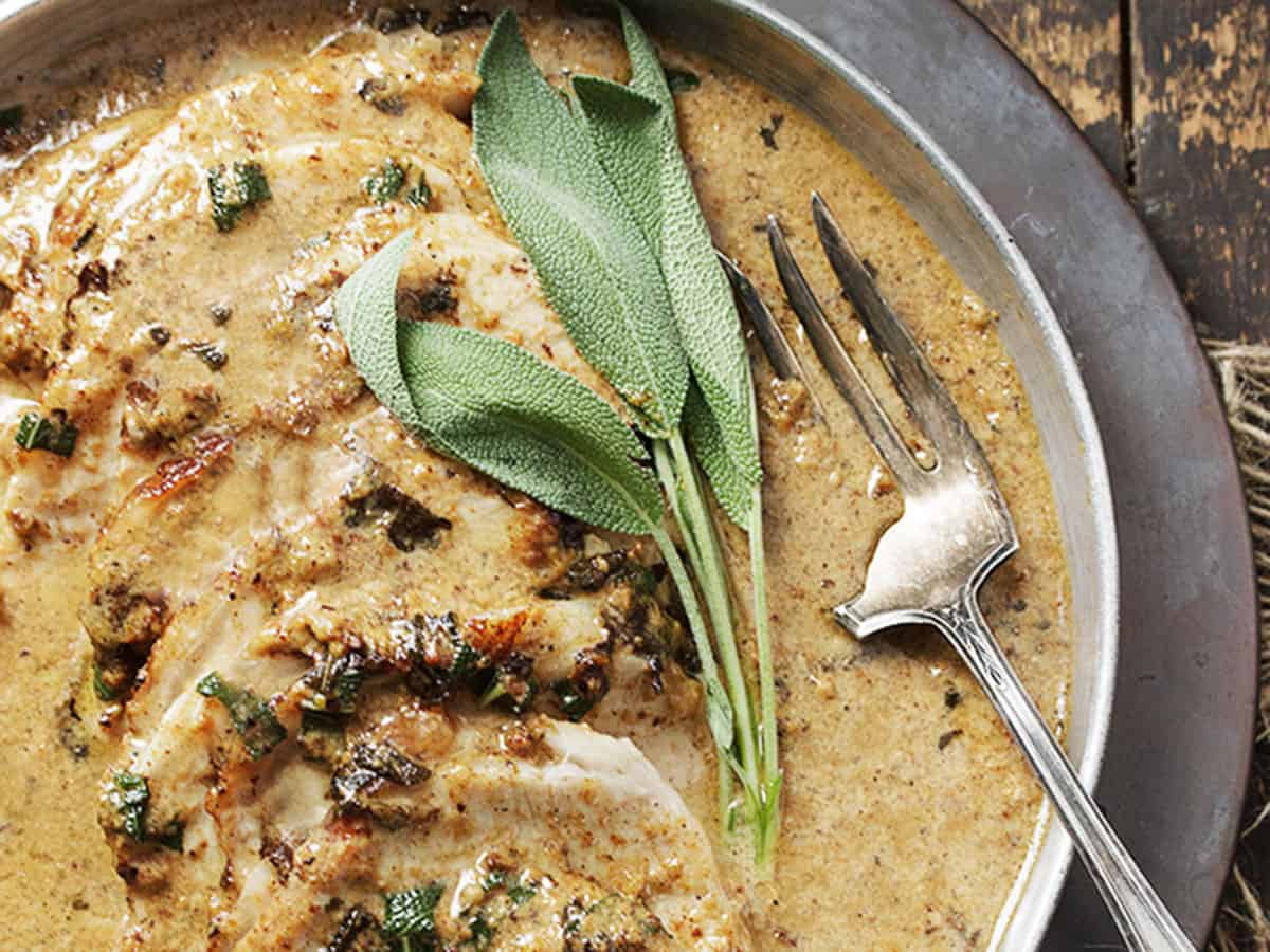 pork loin braised in milk sliced in pan