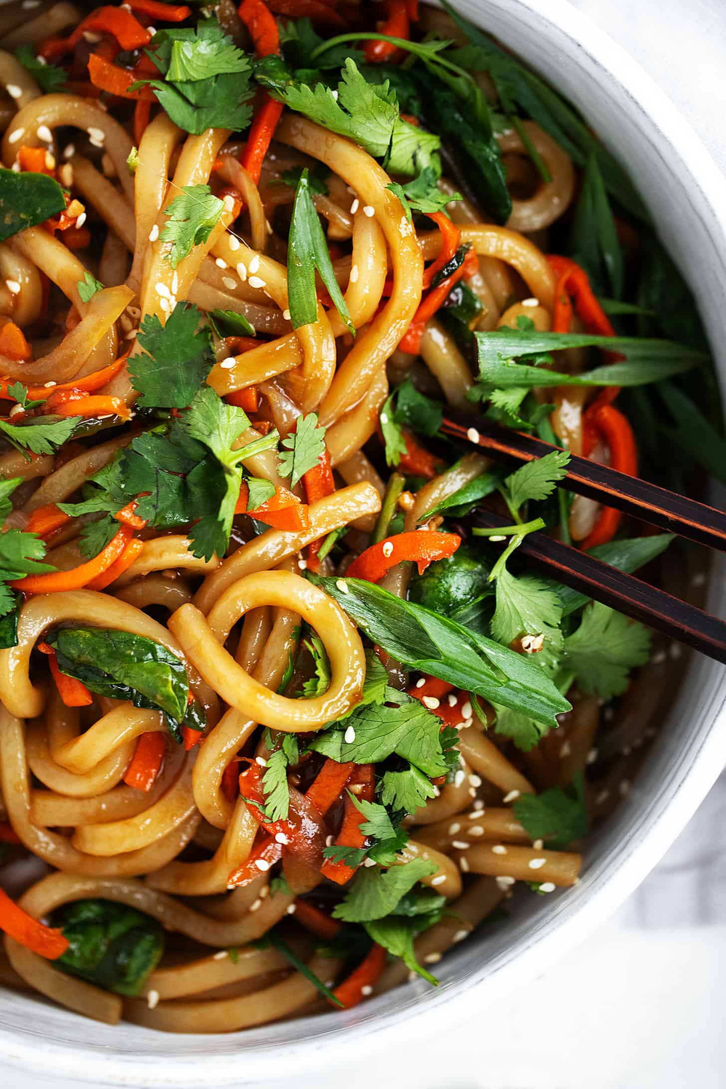 Spicy udon noodles in a serving bowl with chopsticks.