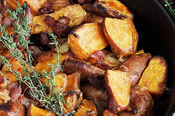 dijon roasted sweet potatoes in cast iron skillet