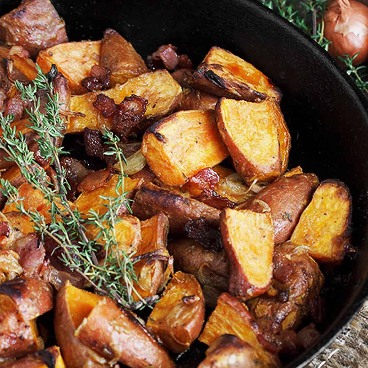 dijon roasted sweet potatoes in cast iron skillet