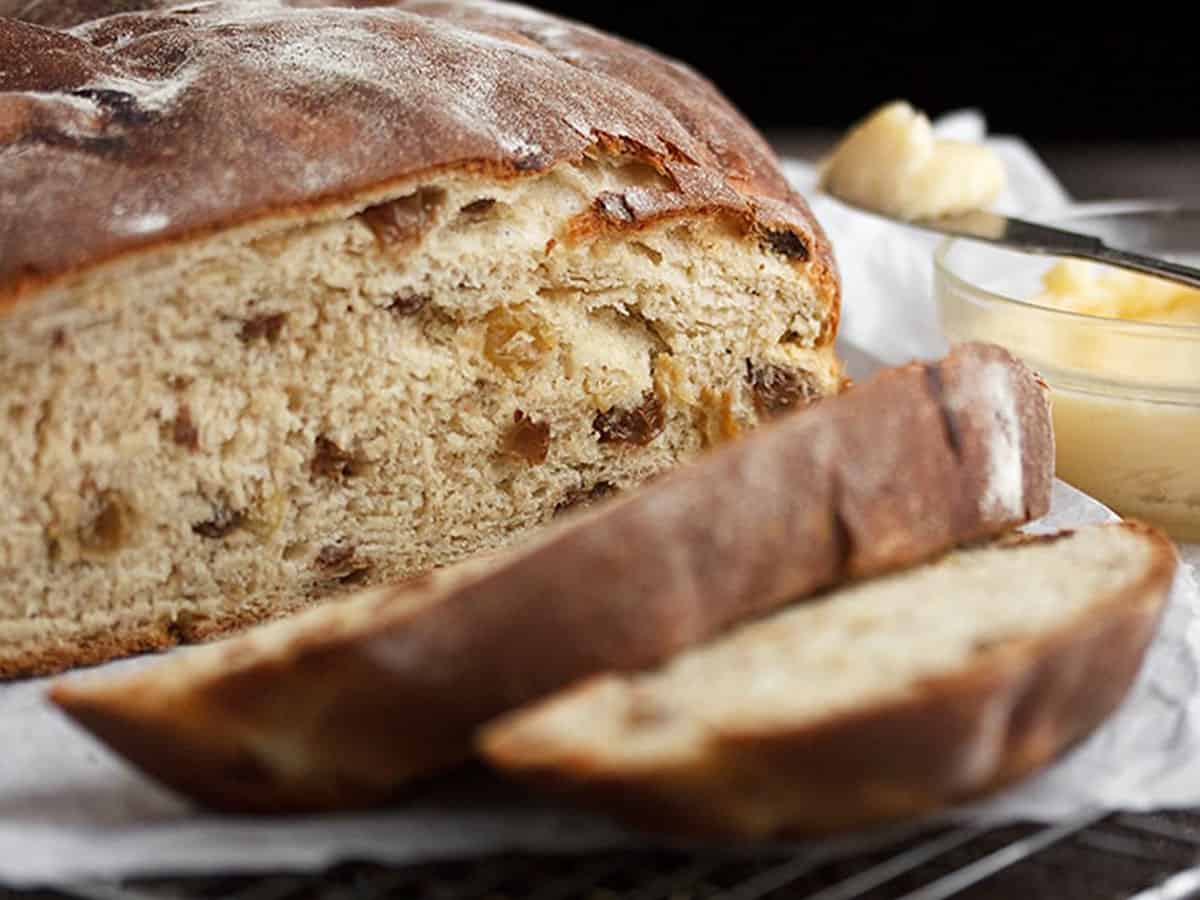 Irish barmbrack sliced with butter