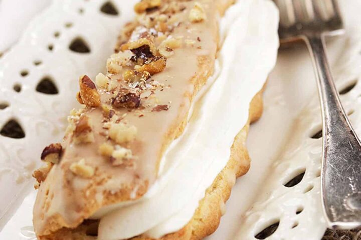 maple eclairs with mascarpone filling on plate with fork