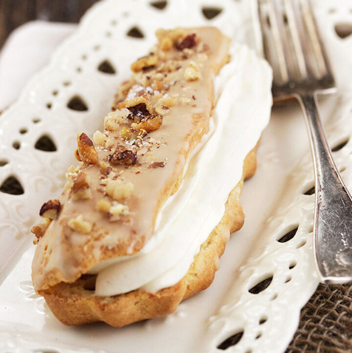 maple eclairs with mascarpone filling on plate with fork