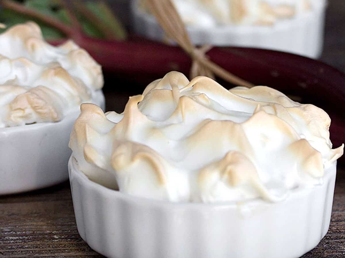 rhubarb meringue dessert torte in small ramekins