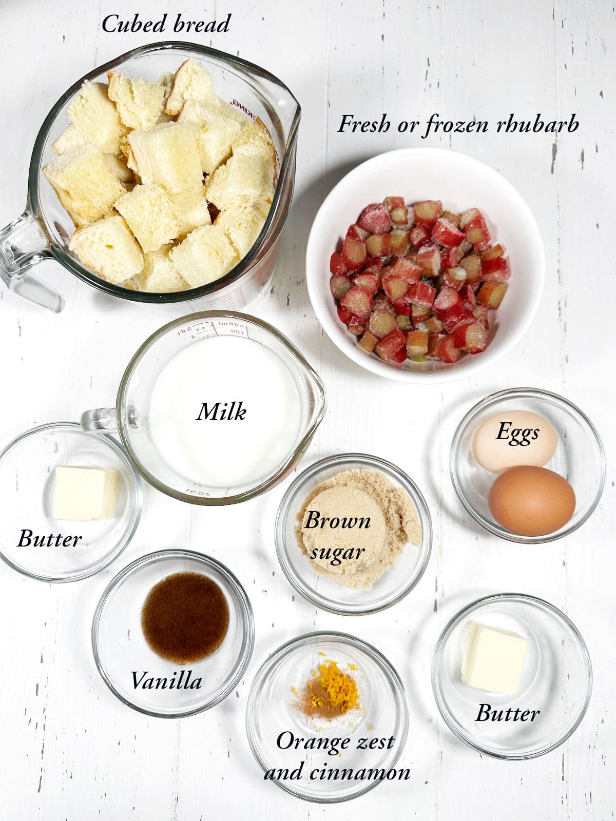 Ingredients to make rhubarb bread pudding.