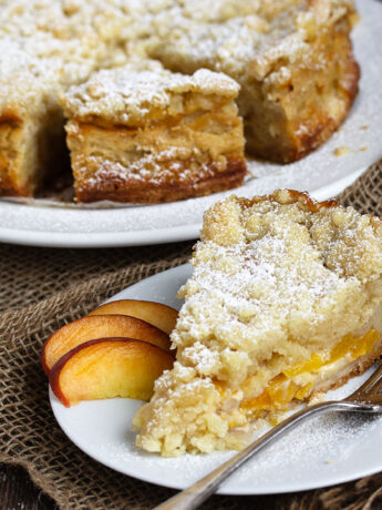 peach crumble cake on plate