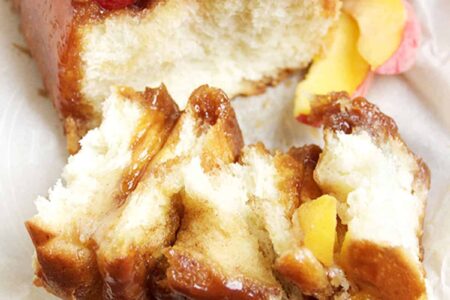 Fresh Peach Sticky Bun Loaf - Seasons and Suppers