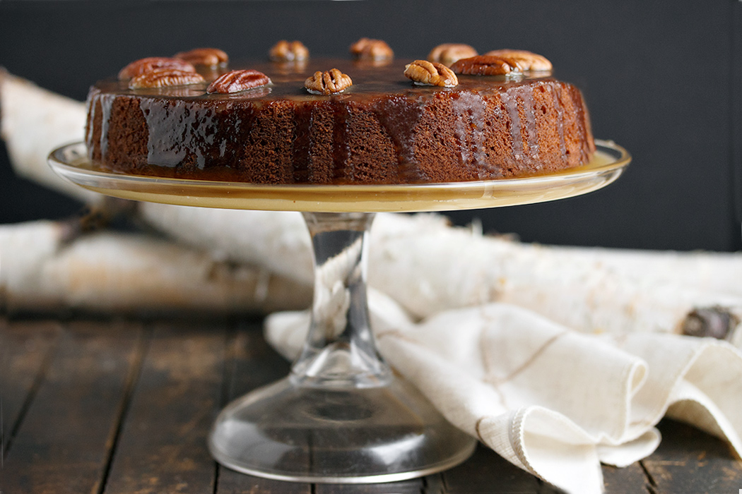 Pecan Banana Cake with Warm Butter Rum Toffee Sauce