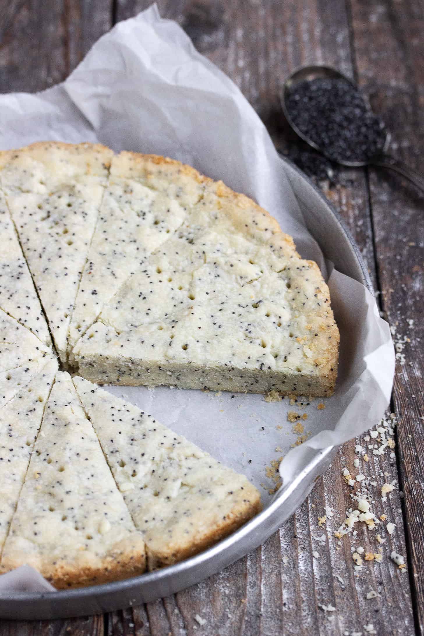 Poppyseed shortbread in baking pan.