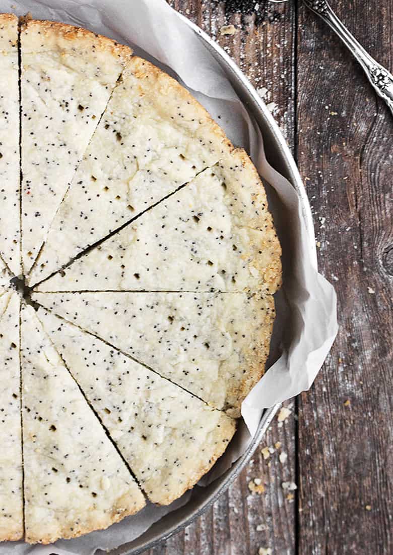 poppy seed shortbread wedges in baking pan