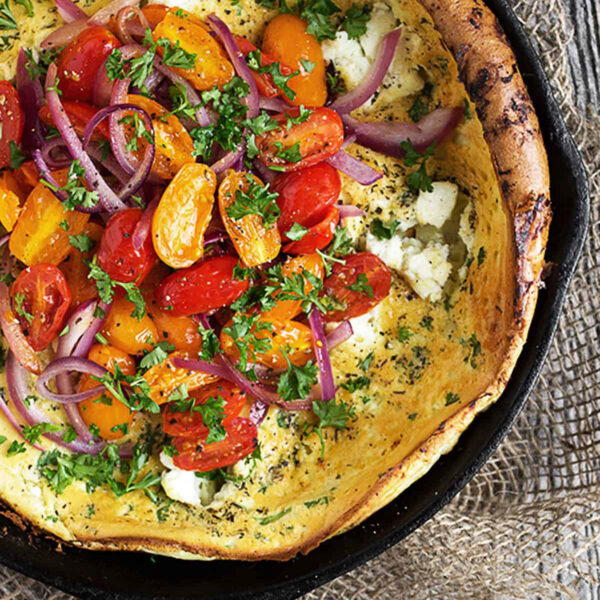 savoury tomato and goat cheese Dutch baby in skillet