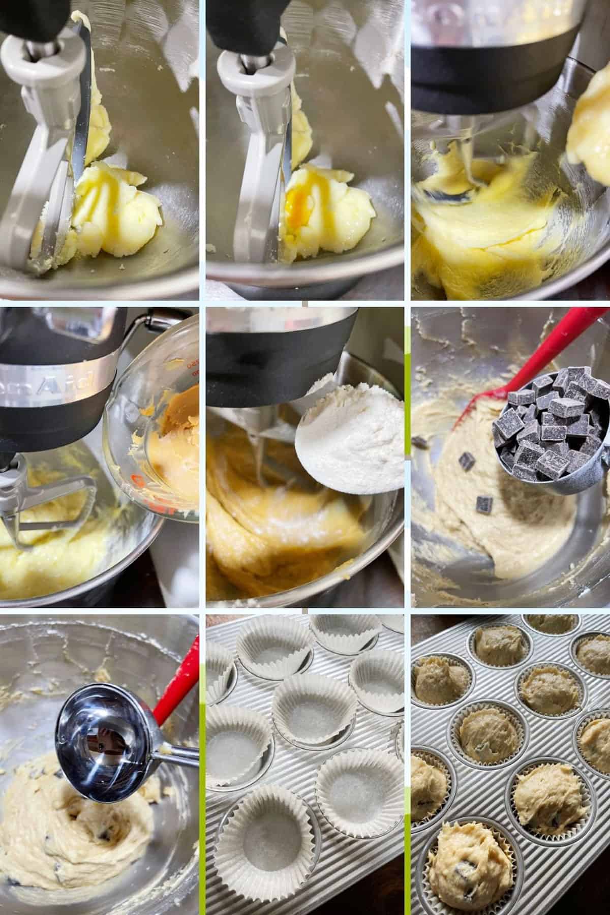 photo collage of steps to make chunky monkey muffins