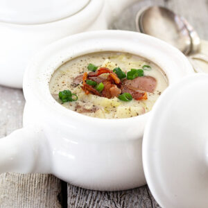 colcannon soup in white soup pots