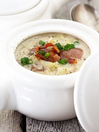colcannon soup in white soup pots