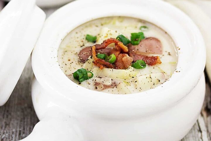 Irish colcannon soup in soup pots