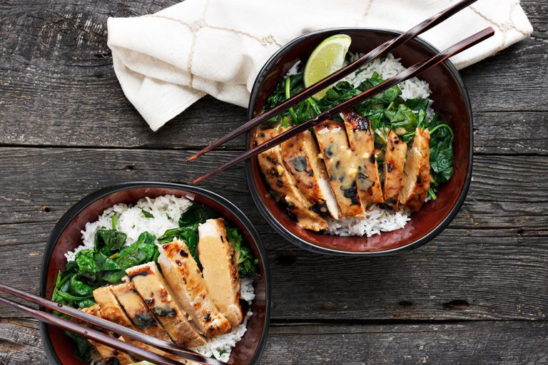 Thai Pork Rice Bowl with Peanut Sauce, Spinach and Lime Rice
