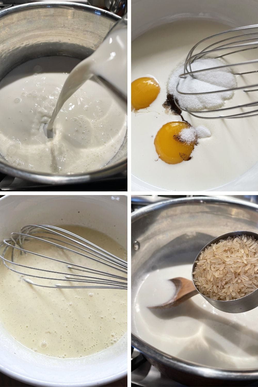 photo collage of steps to make stove-top rice pudding 1