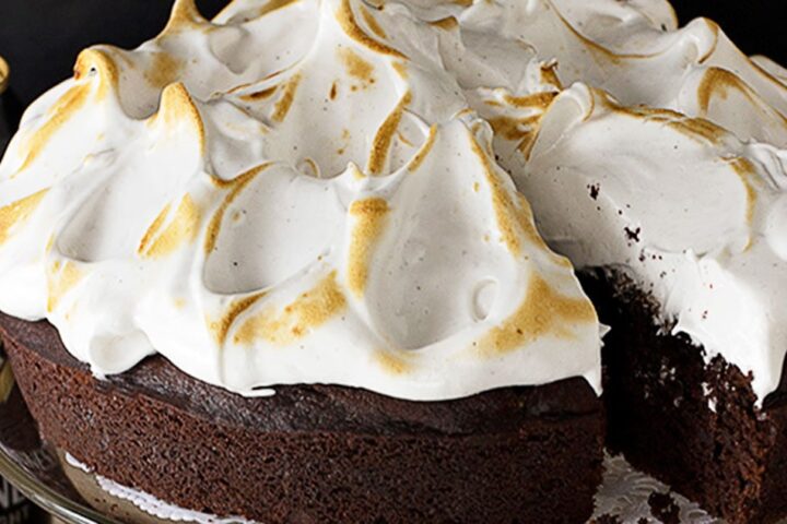 chocolate Guinness cake with meringue frosting