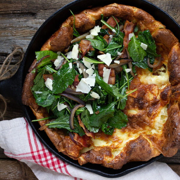 bacon Dutch baby in cast iron skillet
