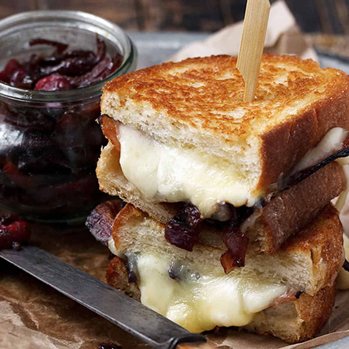 Cheese Curd Grilled Cheese with Bacon Onion Marmalade