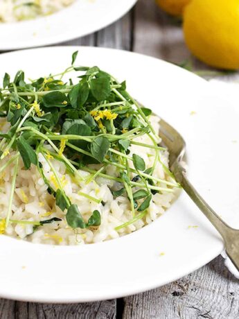 lemon risotto with peach shoots on top in white bowl with fork