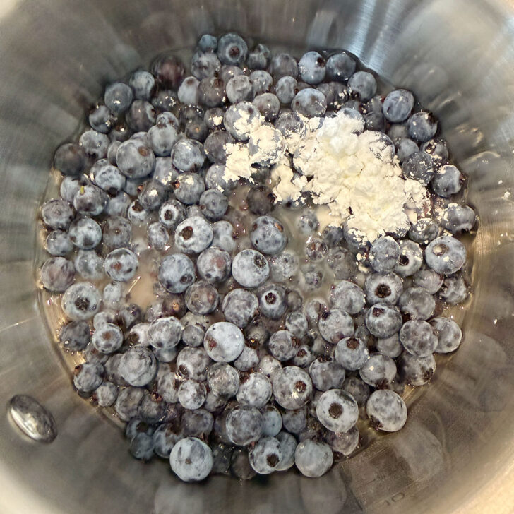 Ingredients for the blueberry sauce in a small saucepan.