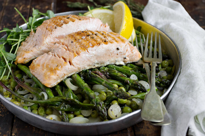 Butter Braised Asparagus, Leeks and Peas with Salmon