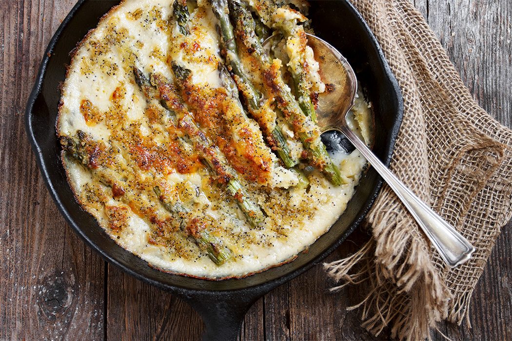 Skillet Baked Asparagus with Cheese Sauce Seasons and Suppers