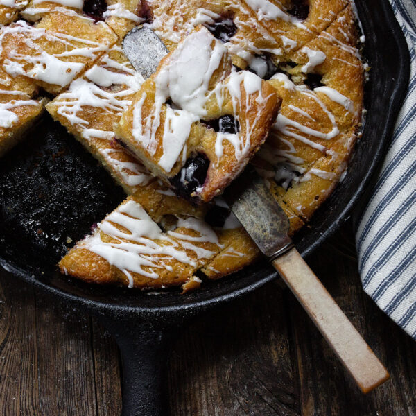 cherry coffee cake in cast iron skillet
