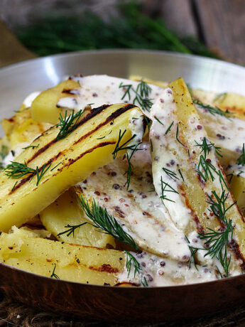 grilled potato salad in skillet
