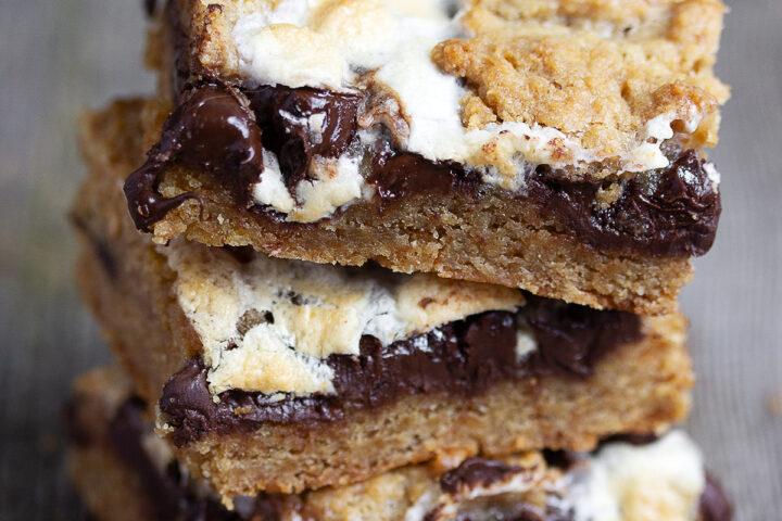 S'mores cookie bars sliced on cooling rack.