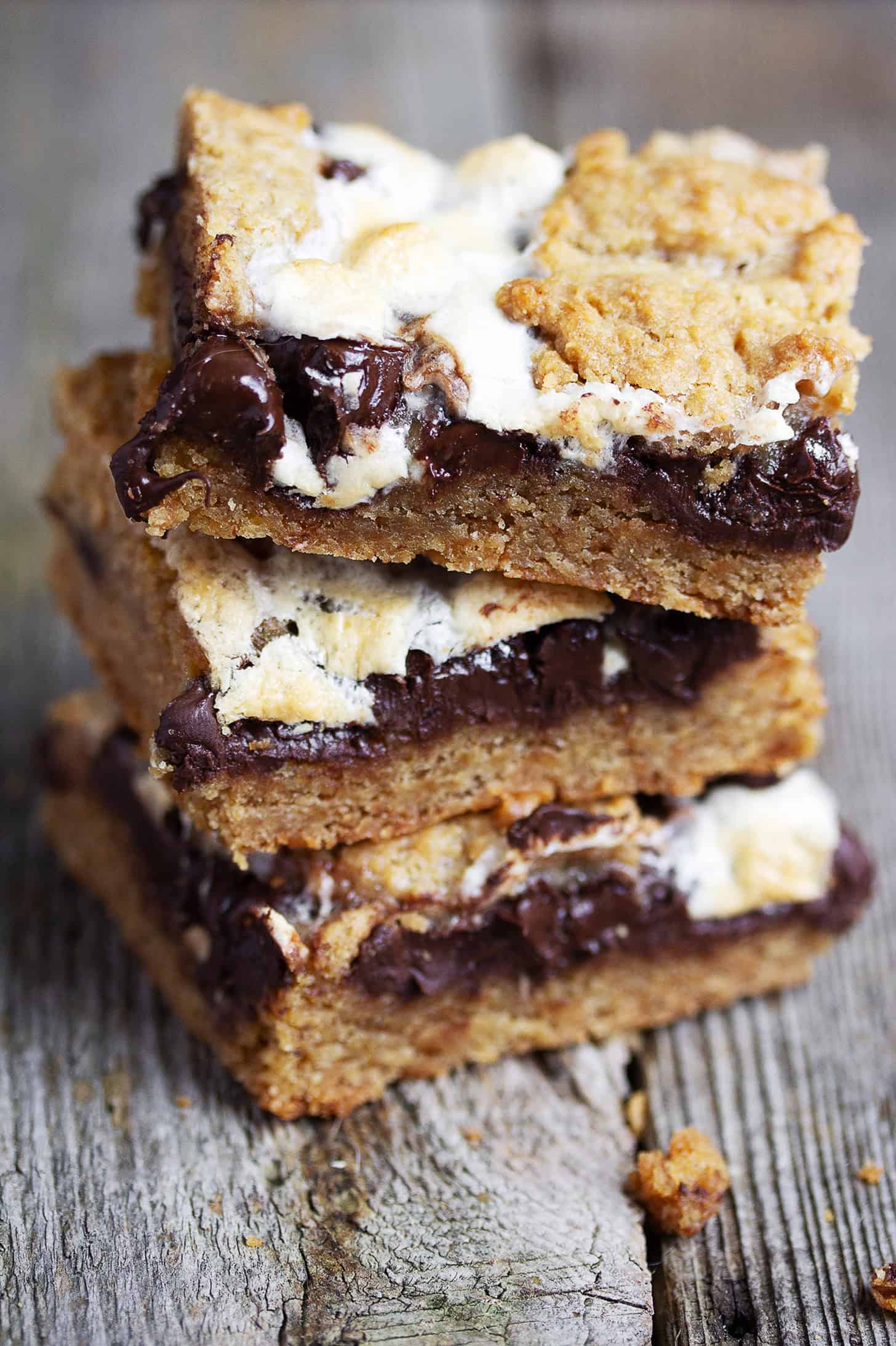 S'mores cookie bars cut and stacked.