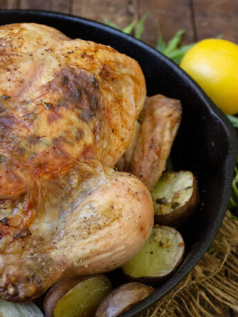 tarragon and lemon roasted whole chicken in skillet