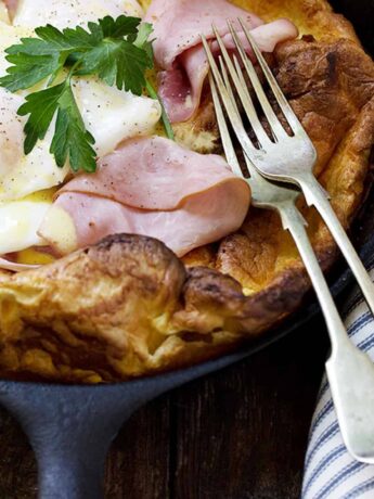 eggs benedict Dutch baby in cast iron skillet