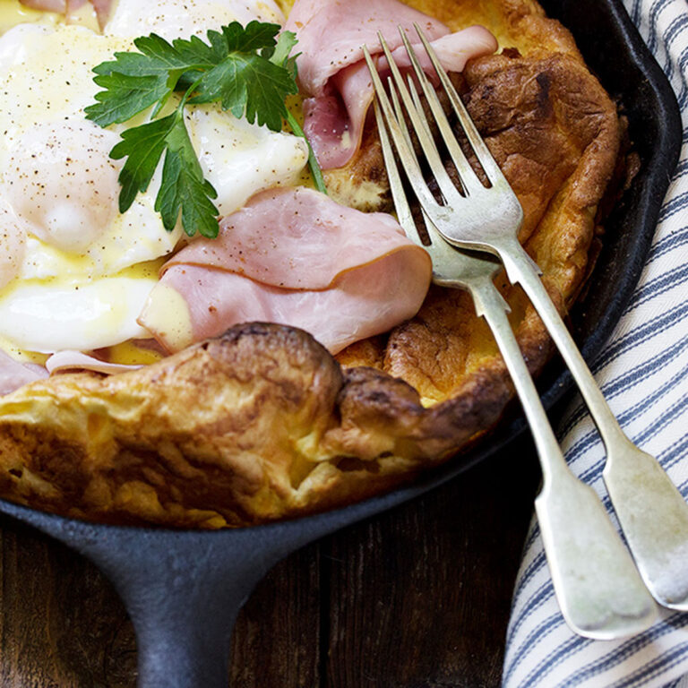 eggs benedict Dutch baby in cast iron skillet