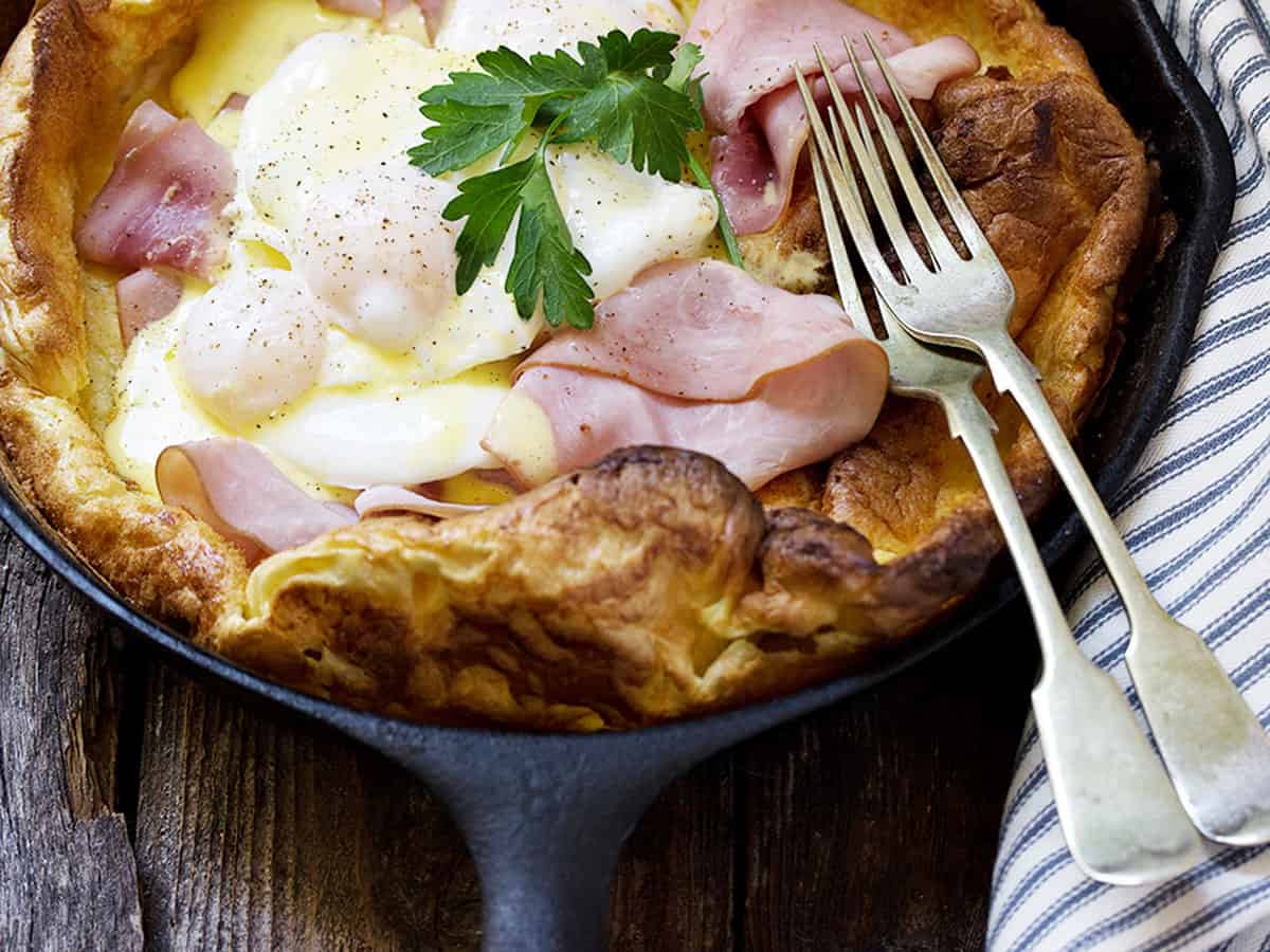 eggs benedict Dutch baby in cast iron skillet