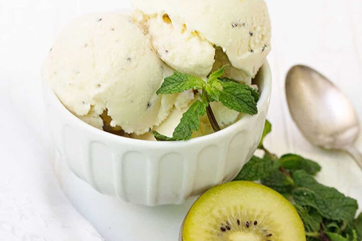 kiwi ice cream scooped in cup with sliced kiwis