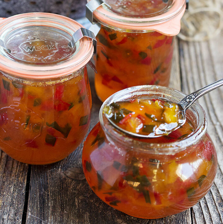 peach and pepper jam in jars