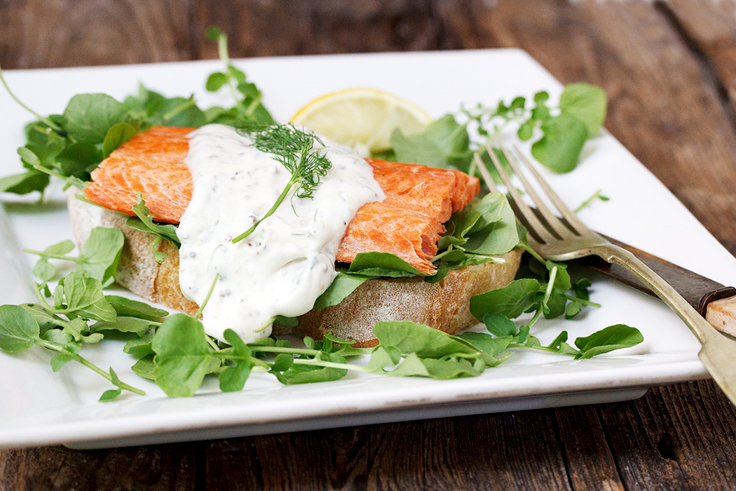 Openfaced Sockeye Salmon Sandwich with Creamy Dill Sauce Seasons and