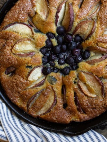 cast iron skillet blueberry cake in skillet