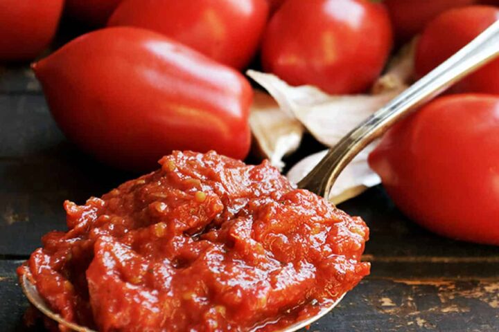 homemade marinara sauce on spoon with tomatoes, basil and garlic
