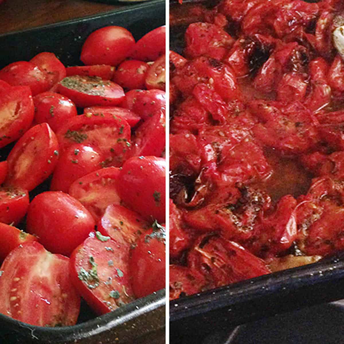 before and after roasting of tomatoes