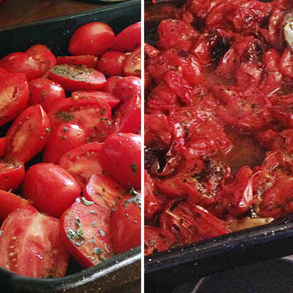 Homemade marinara sauce ingredients in a roasting pan before cooking.